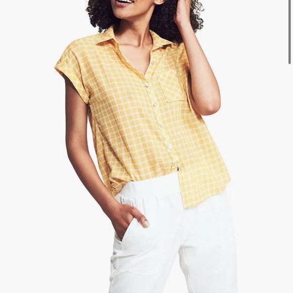 Faherty Tops - NWT Faherty Avery Short Sleeve Button Up Shirt 100% Cotton Yellow Plaid Womens S